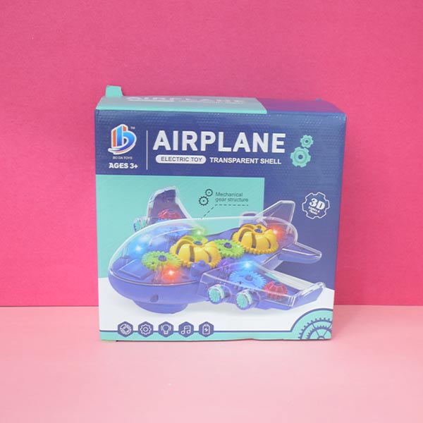 Transparent Airplane with Colorful Moving Gears, Music, and LED Effects.