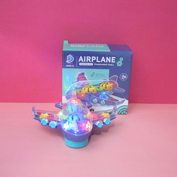 Transparent Airplane with Colorful Moving Gears, Music, and LED Effects.