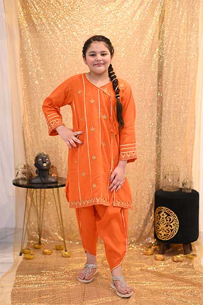 Orange 2 Piece Cotton Lawn Suit. ( Customized For All Age's)