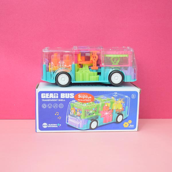 Multifunctional Toy Bus with Mechanical Gears Simulation, Transparent Body,3D Flashing Lights.