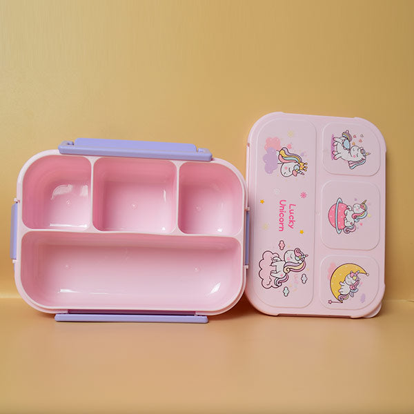 Lucky Unicorn and Starry Astro Lunch Box with 4 compartments and Double Side Airtight Lock.