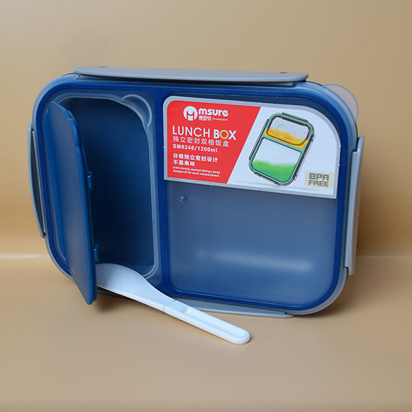Plastic Lunch Box with 3 divisions and spoon, 4 sides airtight lock Lid
