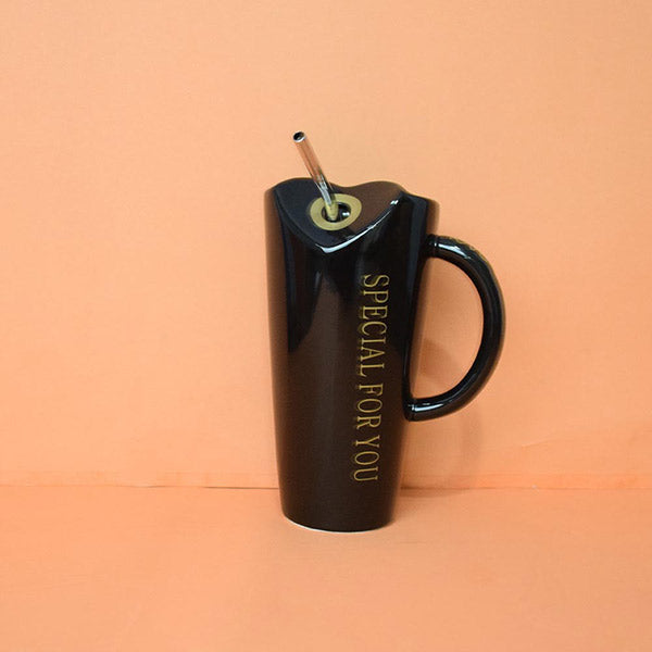 Special for you Ceramic Coffee Mug Black | Tall Sipper Ceramic Mug with Straw ( Love )