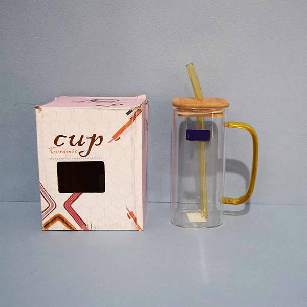 Square Shape Sipper Glass with wooden  lid and Straw. Sipper Tumbler Mug, Fruit Juice Milk Mug with Straw Transparent