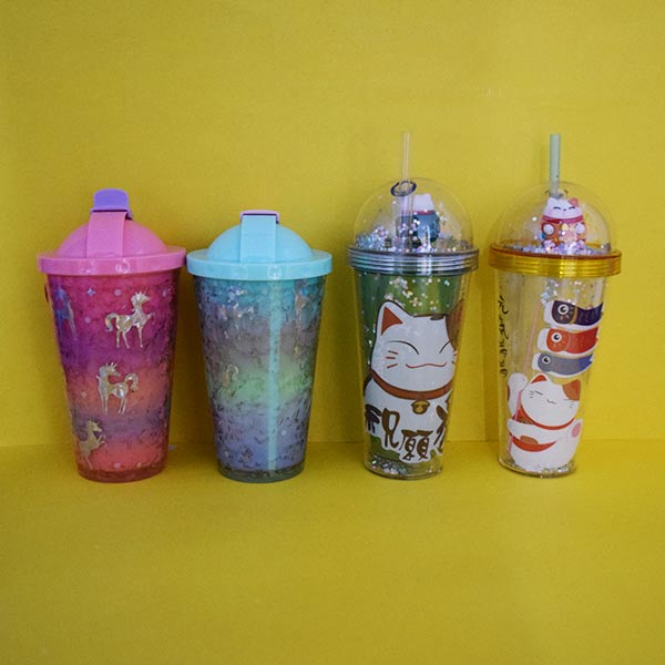 Colorful Double Wall Plastic Cup with Straw 550ml/18.5fl.oz. (Price For 1 Piece)