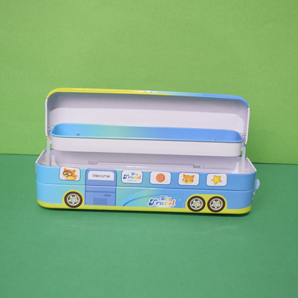 Cute Character Bus Shape Pencil Box And String Operated Wheels With Sharpener Geometry Box (Price For 1 Piece)