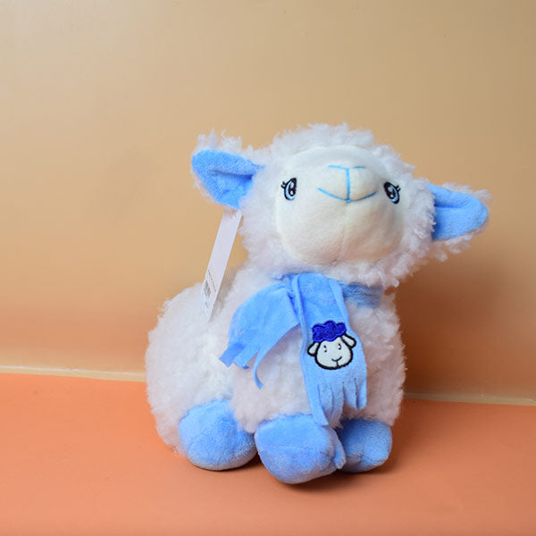 Soft And Fluffy Sheep Stuffed Plush Toy with Blue Scarf.