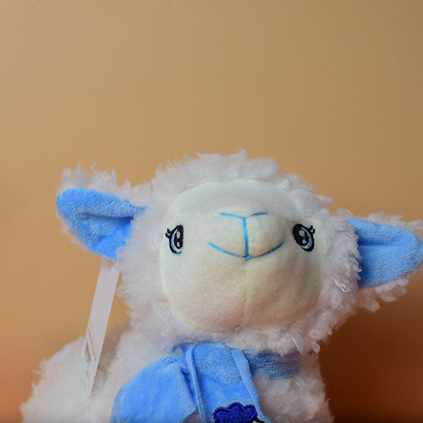 Soft And Fluffy Sheep Stuffed Plush Toy with Blue Scarf.
