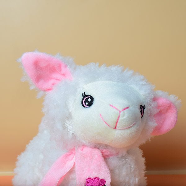 Soft And Fluffy Sheep Stuffed Plush Toy with Pink Scarf.