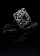 Striking Square Ring With Green Stones