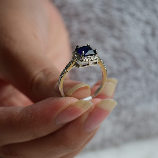 Plated White Gold Ring Rectangular Shape | Cubic Blue Zirconia Wedding Band (Size 19)