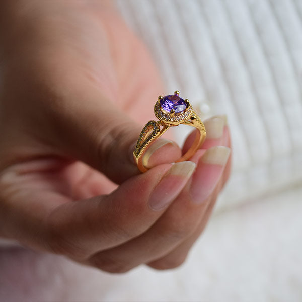 Round Purple Tanzanite with White Topaz | Yellow Gold Plated Silver Ring (Size 19)