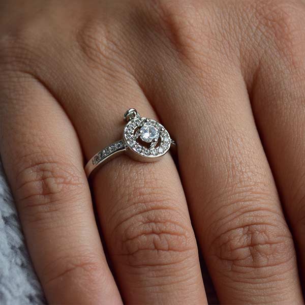 Halo Setting Engagement Ring | Plated White Gold Diamond Cluster Ring (Size 17-18)