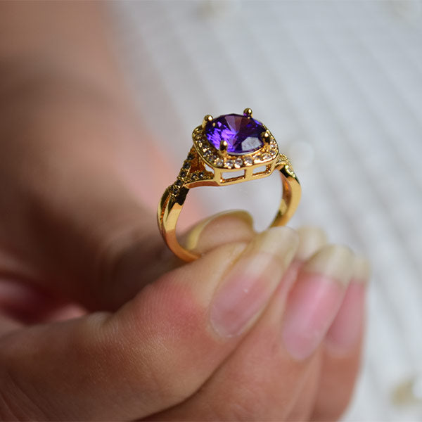 Cushion Cut Created Purple Ruby w/Diamond Accents | Yellow Gold Plated Lab-Grown Ring (Size 17)
