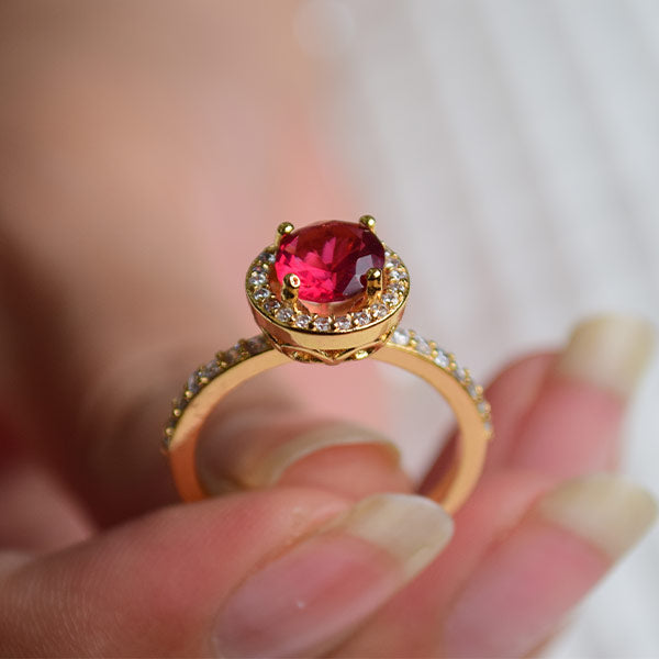 Charm Rose Female Red Crystal Stone Ring | Round Zircon Gold Color Wedding Ring (Size 19)