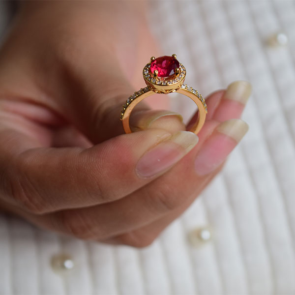 Charm Rose Female Red Crystal Stone Ring | Round Zircon Gold Color Wedding Ring (Size 19)
