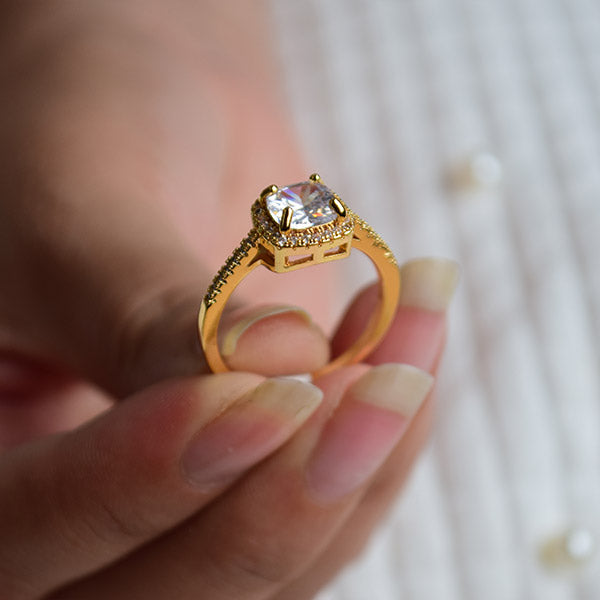 Cushion Shaped Diamond Ring | Gold Plated Ring With Zircons (Size 19)