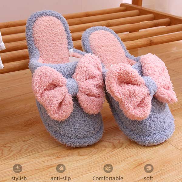Bow fluffy winter cotton slipper for ladies (Blue, 37/38)