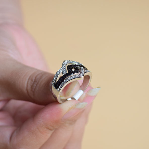 Enhanced Black and White Diamond Slant Ring in Sterling Silver (S 19)