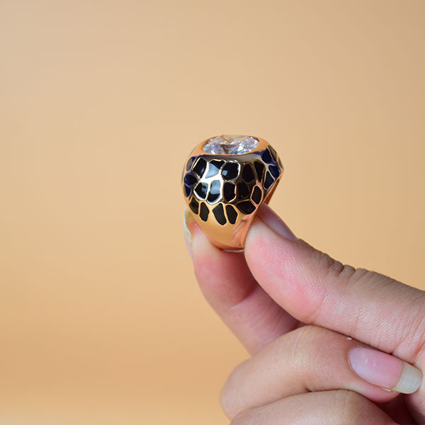 Antique Sapphire and Diamond Dome Ring | Leopard Print Enamel Domed Ring (S 18)