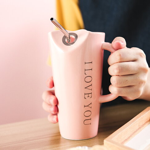"I Love You" Ceramic Coffee Mug Pink | Tall Sipper Ceramic Mug with Straw ( Love )