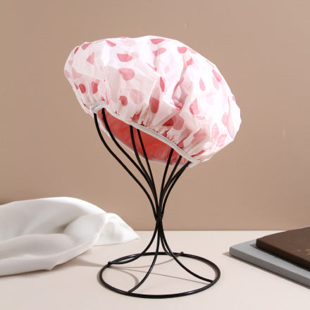 Water Drop Pattern Double Layers Shower Cap (Pink）
