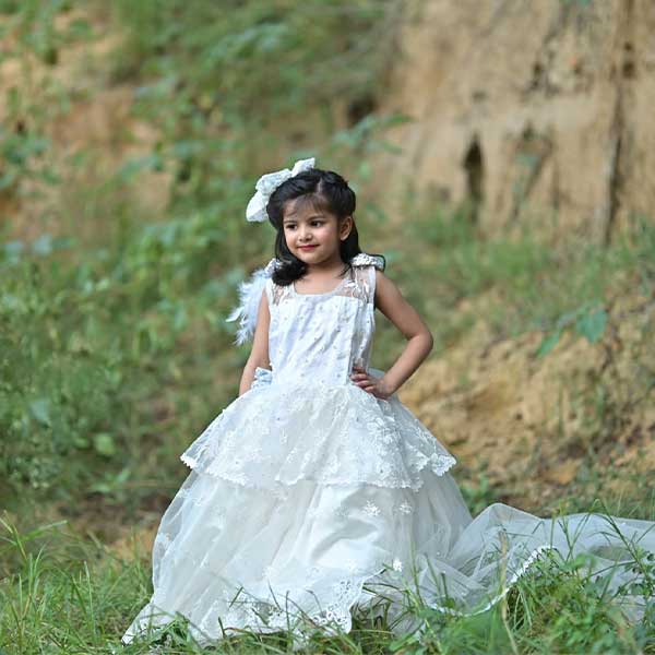 Elegant Cinderella White Embroidery Frock  ( 5 to 8 Years)