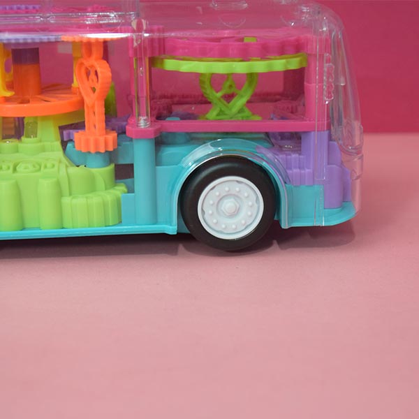 Multifunctional Toy Bus with Mechanical Gears Simulation, Transparent Body,3D Flashing Lights.