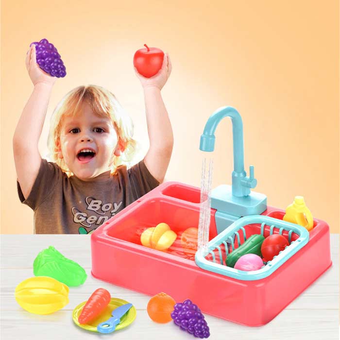 Electric Kitchen Sink Toys Out Water Pretend Dishwasher with Running Water, Play Sink with Kitchen Playset