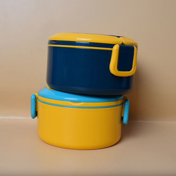 DOUBLE LAYER LUNCH BOX DOUBLE AIRTIGHT LOCK WITH SPOON ROUND SHAPE ( Price For 1 Piece)