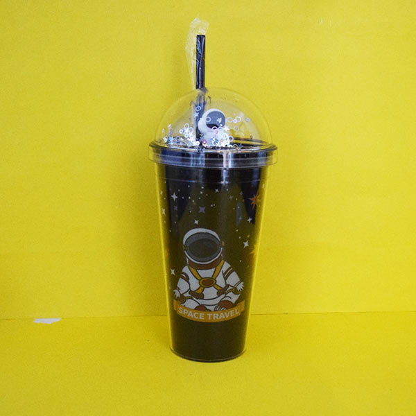 Space Travel Double Wall Plastic Cup with Straw 550ml/18.5fl.oz. (Price For 1 Piece)