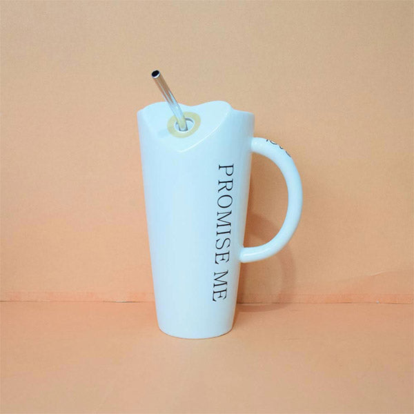 "Promise Me" Ceramic Coffee Mug White | Tall Sipper Ceramic Mug with Straw ( Love )