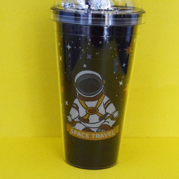 Space Travel Double Wall Plastic Cup with Straw 550ml/18.5fl.oz. (Price For 1 Piece)