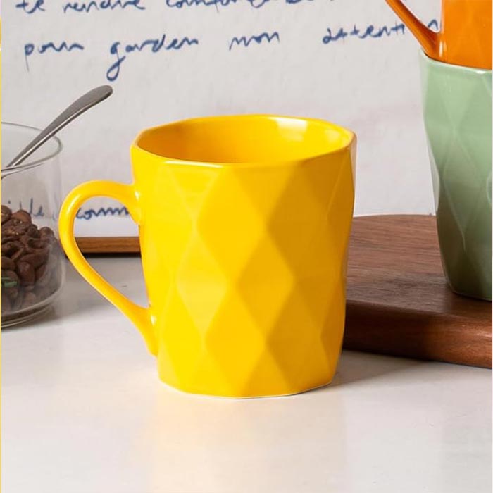 380ml/12.8fl.oz. Solid Color Diamond Pattern Basic Ceramic Cup (Yellow)