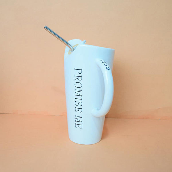 "Promise Me" Ceramic Coffee Mug White | Tall Sipper Ceramic Mug with Straw ( Love )