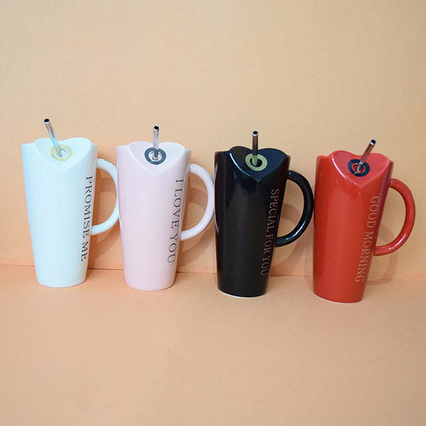 "Good Morning" Ceramic Coffee Mug Red | Tall Sipper Ceramic Mug with Straw ( Love )