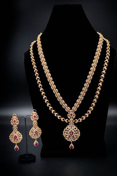 22 Karat Gold Long Mala with Rubies and Zircons Stones All Over Net Design.
