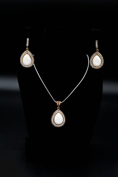 Turkish Pendant Set With White Real Pearl In Silver Zircons With Antique Polish