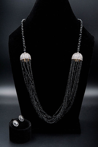 Black Long Mala With Grey Zircons And All Over Black Strings.