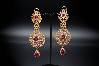 22 Karat Gold Long Mala with Rubies and Zircons Stones All Over Net Design.