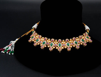 22 Karat Gold Round Necklace With Emerald , Rubies and Zircons Stones.