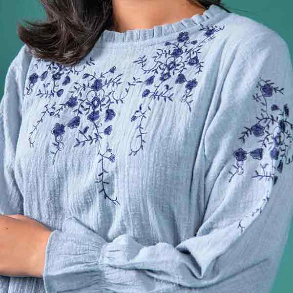 Hawkes Blue Embroidery Relaxed Comfort Fit Shirt (Women) Small, Medium, Large