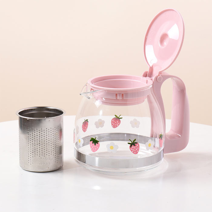 Strawberry Printed Glass Teapot Stove Safe Teapot High Temperature Resistant. Use for Home, office .(Pink)