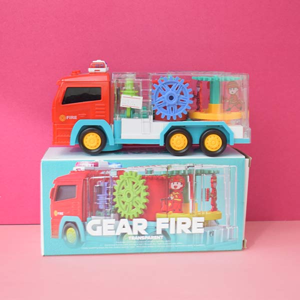 Electric 360° Transparent Gear Fire Truck Construction Vehicle Music Light Digging Truck Model Children's Toys