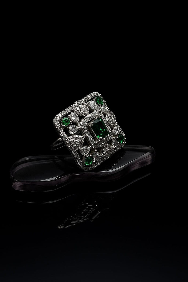 Striking Square Ring With Green Stones