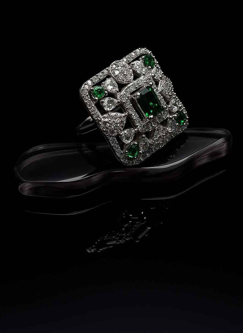 Striking Square Ring With Green Stones