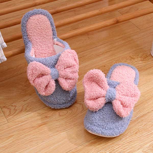 Bow fluffy winter cotton slipper for ladies (Blue, 37/38)