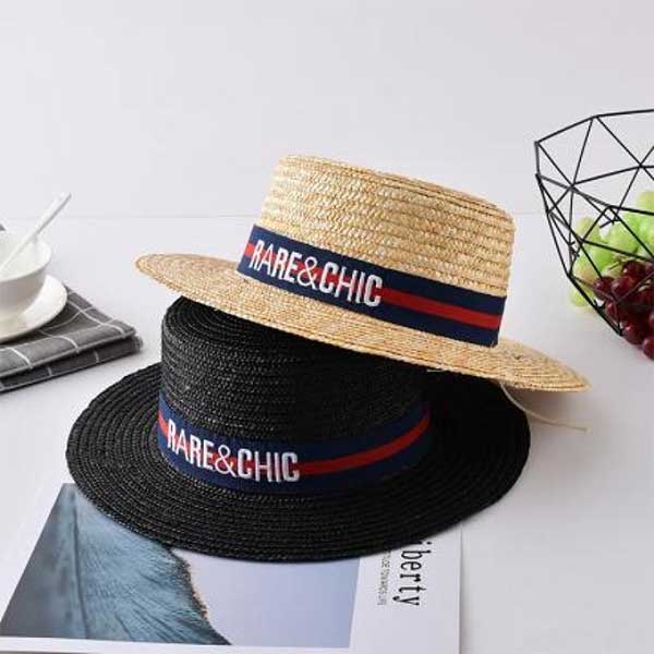 Embroidery letters trend straw hat - black