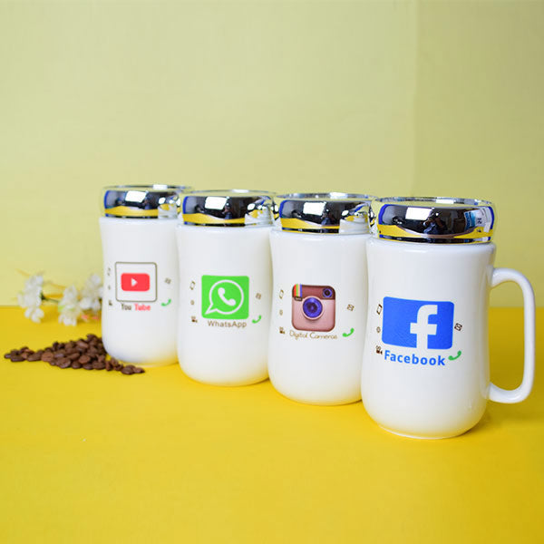 WhatsApp, Facebook, Instagram, YouTube Emoji Mug, Logo Marked White Color Ceramic Coffee Mug with Mirror Lid. (Price For 1 Piece)