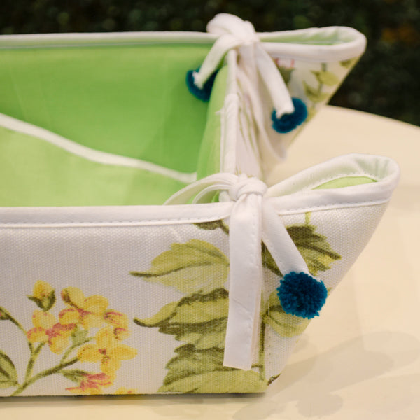 Cotton Fabric Square Fruit Basket With Fancy Rope Tassels